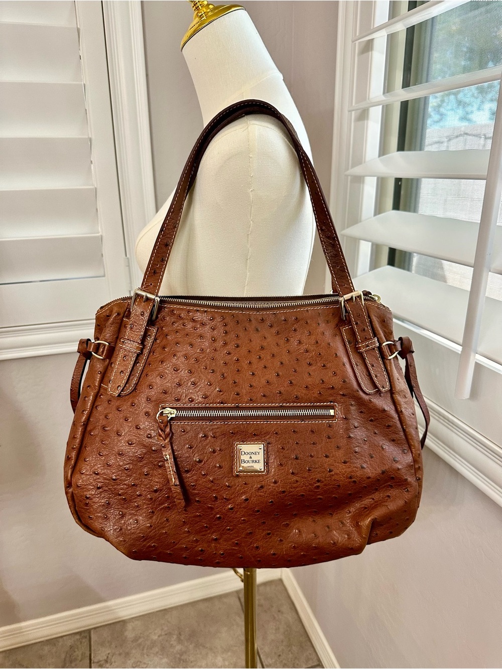 Dooney & Bourke Cognac Ostrich-Embossed Leather Shoulder Bag